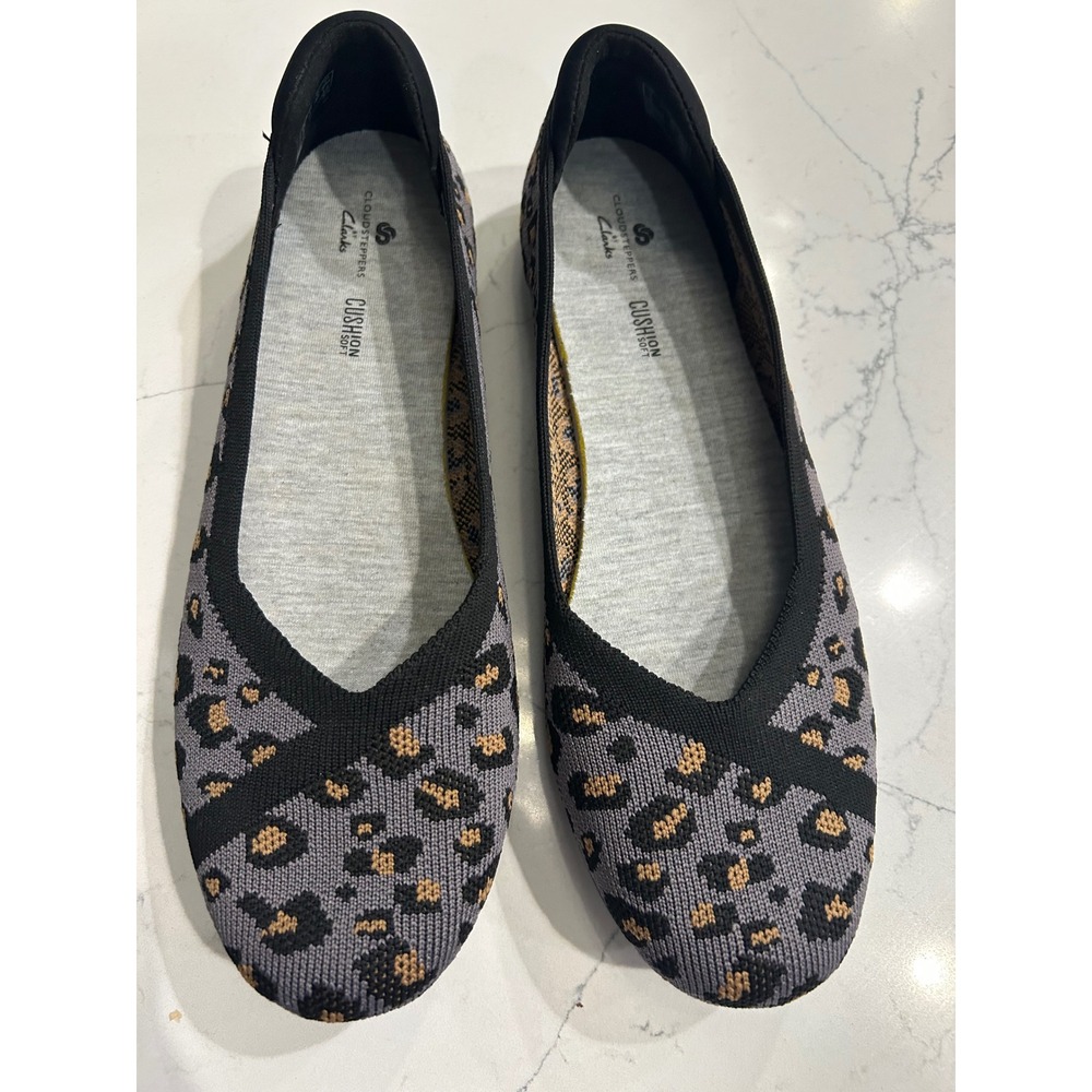 Clarks Carly Wish Flats Grey Leopard Print Cloudsteppers Knit Slip On‎ Shoes
